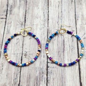 2.5" Boho Mixed Blue Purple Seed Beads Hoop Earrings Handmade 3" total length